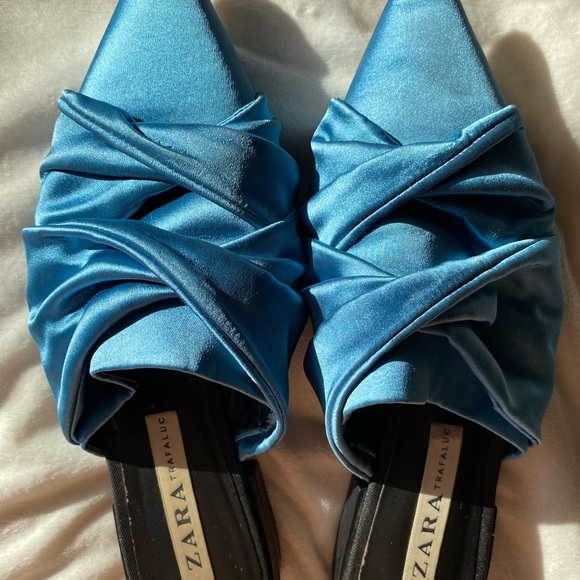ZARA Trafaluc Teal Blue Satin Pointed Toe Mules – Ruched Slip-On Heels - Picture 8 of 10